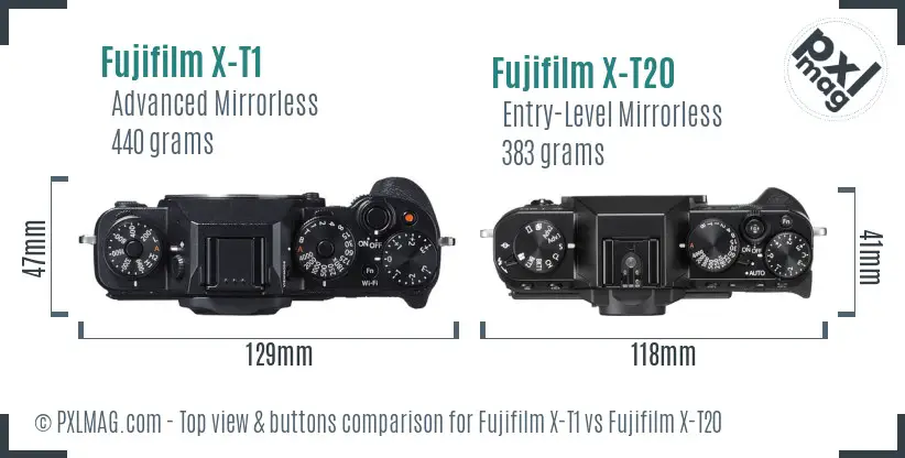 Fujifilm X-T1 vs Fujifilm X-T20 top view buttons comparison