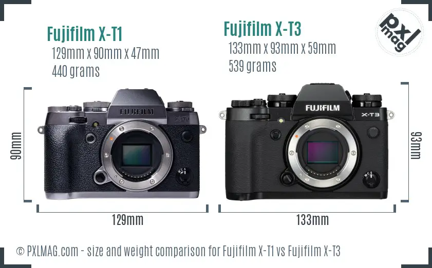 Fujifilm X-T1 vs Fujifilm X-T3 size comparison