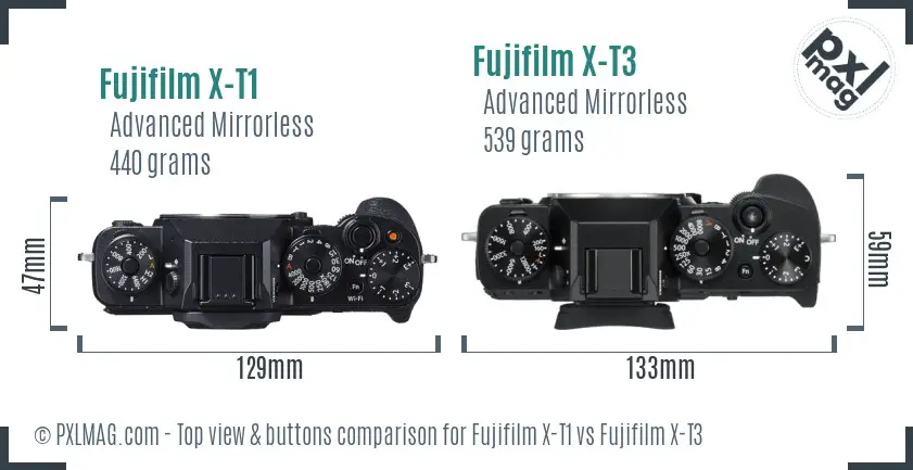Fujifilm X-T1 vs Fujifilm X-T3 top view buttons comparison