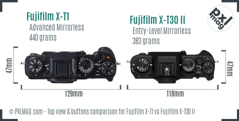 Fujifilm X-T1 vs Fujifilm X-T30 II top view buttons comparison