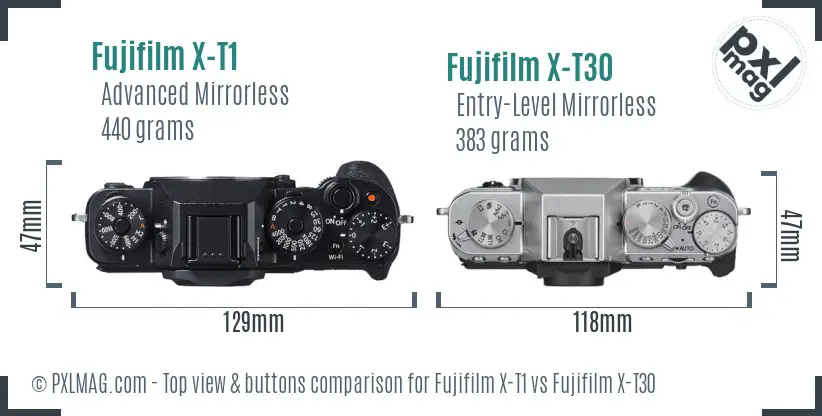 Fujifilm X-T1 vs Fujifilm X-T30 top view buttons comparison