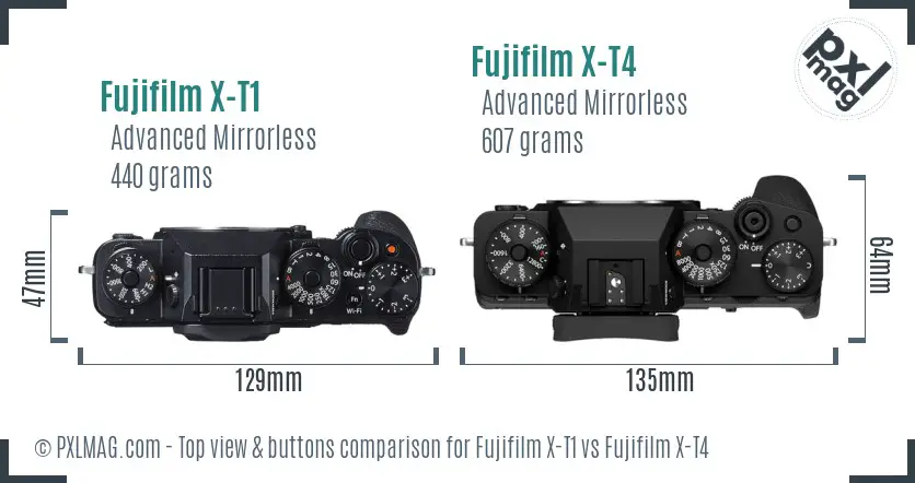 Fujifilm X-T1 vs Fujifilm X-T4 top view buttons comparison