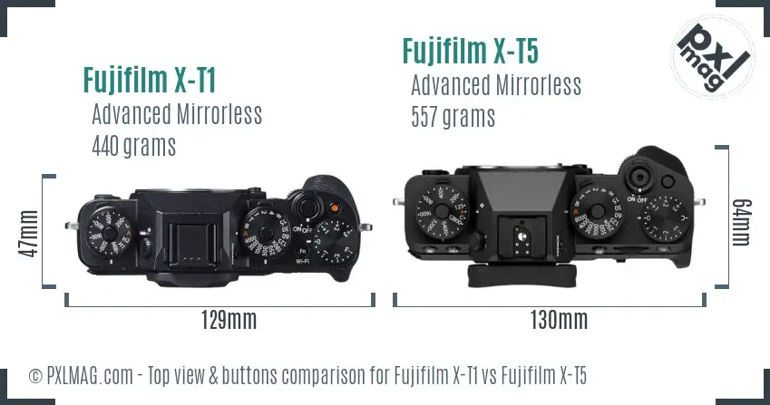 Fujifilm X-T1 vs Fujifilm X-T5 top view buttons comparison