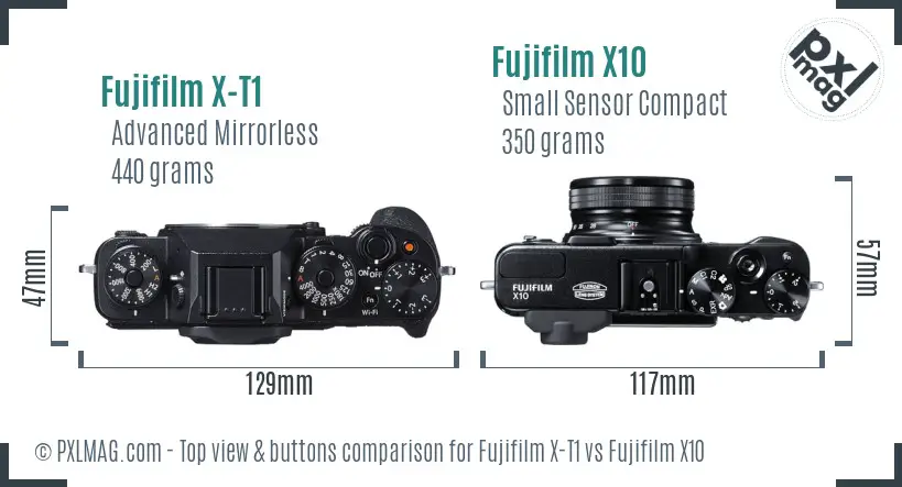 Fujifilm X-T1 vs Fujifilm X10 top view buttons comparison