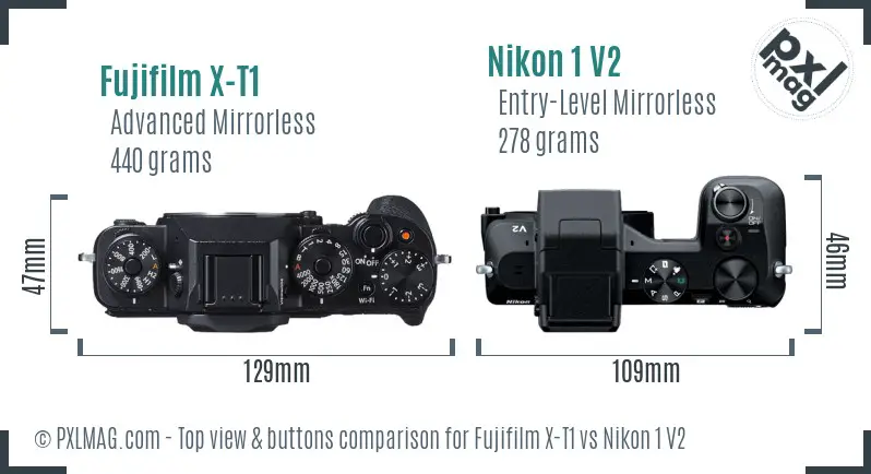 Fujifilm X-T1 vs Nikon 1 V2 top view buttons comparison