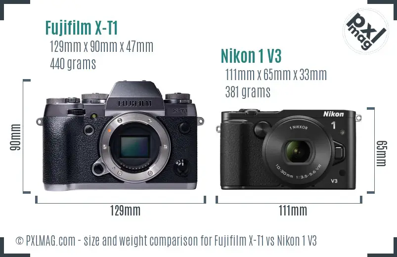 Fujifilm X-T1 vs Nikon 1 V3 size comparison