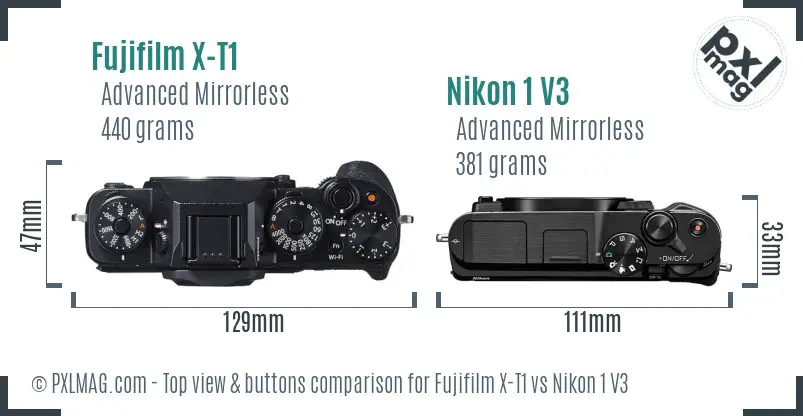 Fujifilm X-T1 vs Nikon 1 V3 top view buttons comparison