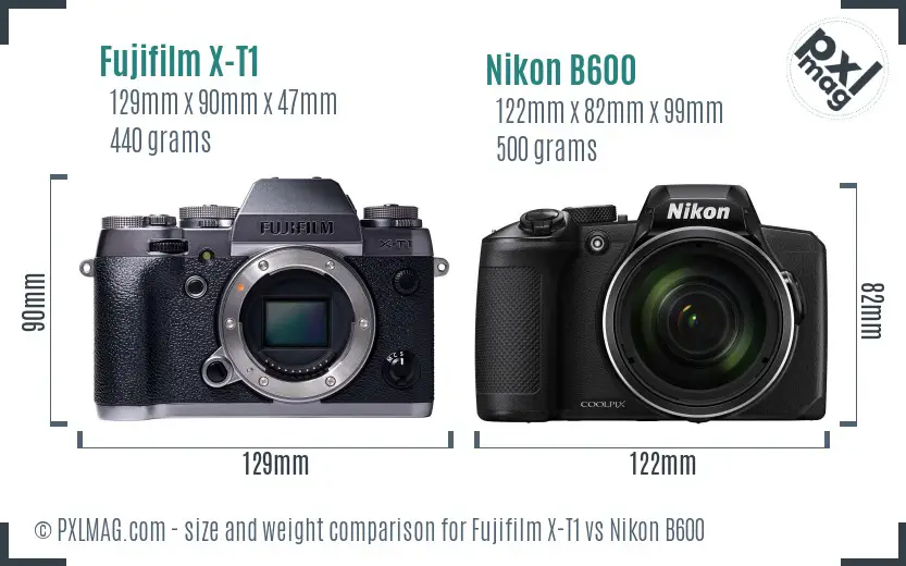 Fujifilm X-T1 vs Nikon B600 size comparison