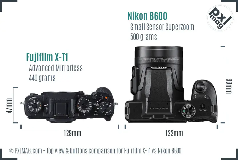 Fujifilm X-T1 vs Nikon B600 top view buttons comparison