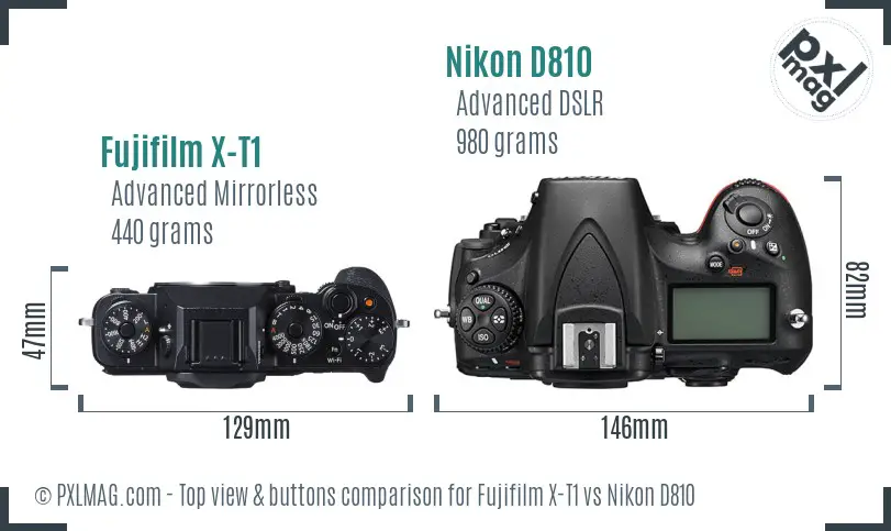 Fujifilm X-T1 vs Nikon D810 top view buttons comparison