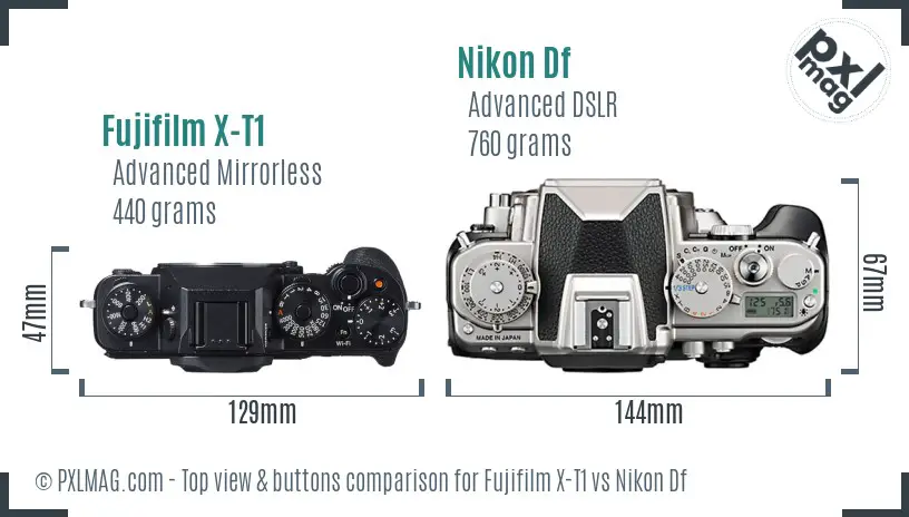 Fujifilm X-T1 vs Nikon Df top view buttons comparison