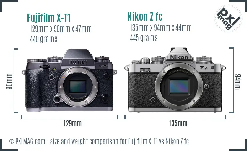 Fujifilm X-T1 vs Nikon Z fc size comparison
