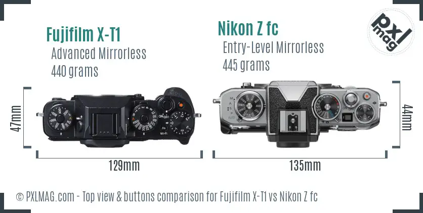 Fujifilm X-T1 vs Nikon Z fc top view buttons comparison