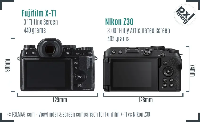 Fujifilm X-T1 vs Nikon Z30 Screen and Viewfinder comparison