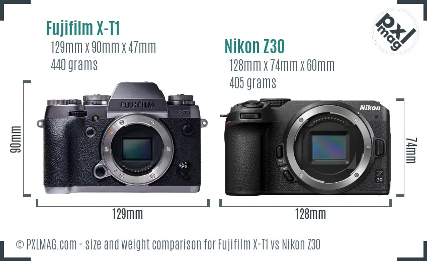 Fujifilm X-T1 vs Nikon Z30 size comparison