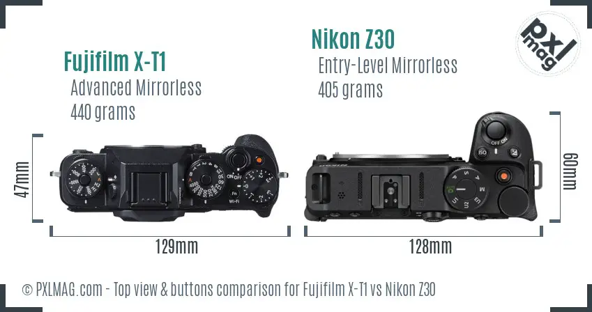 Fujifilm X-T1 vs Nikon Z30 top view buttons comparison