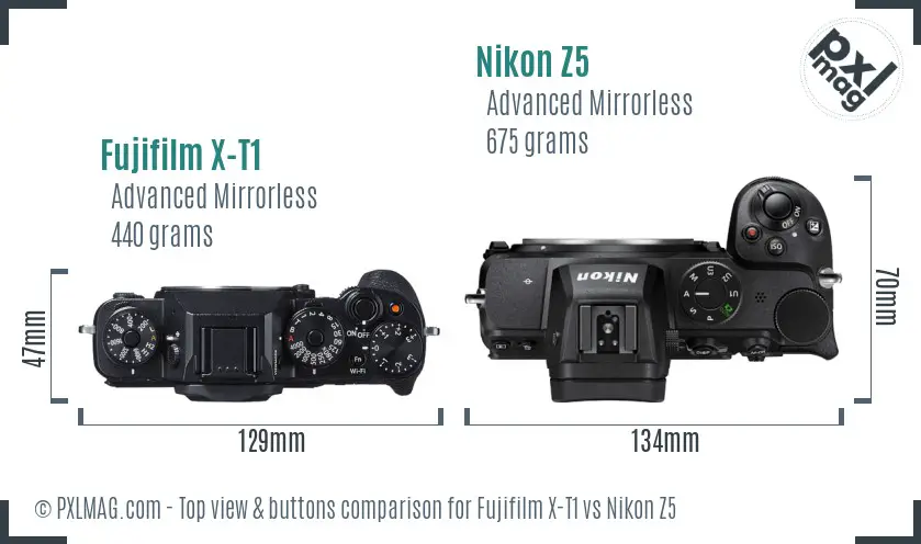 Fujifilm X-T1 vs Nikon Z5 top view buttons comparison
