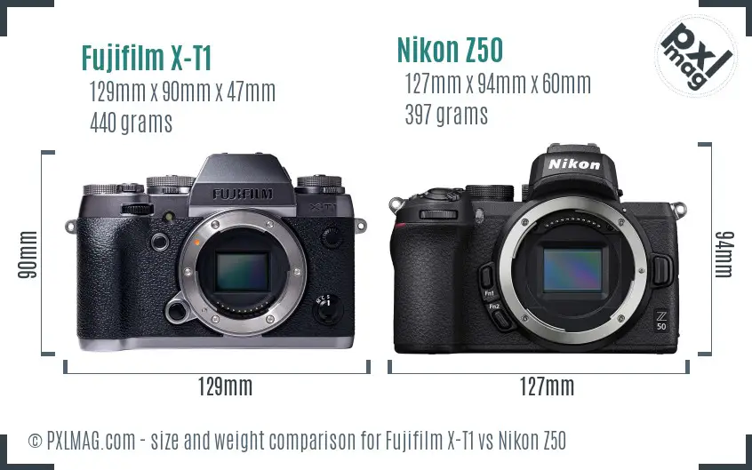 Fujifilm X-T1 vs Nikon Z50 size comparison