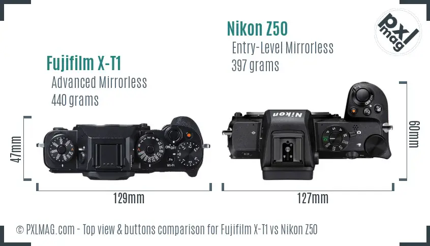 Fujifilm X-T1 vs Nikon Z50 top view buttons comparison
