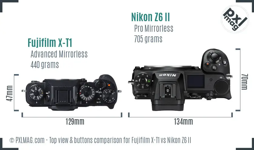 Fujifilm X-T1 vs Nikon Z6 II top view buttons comparison