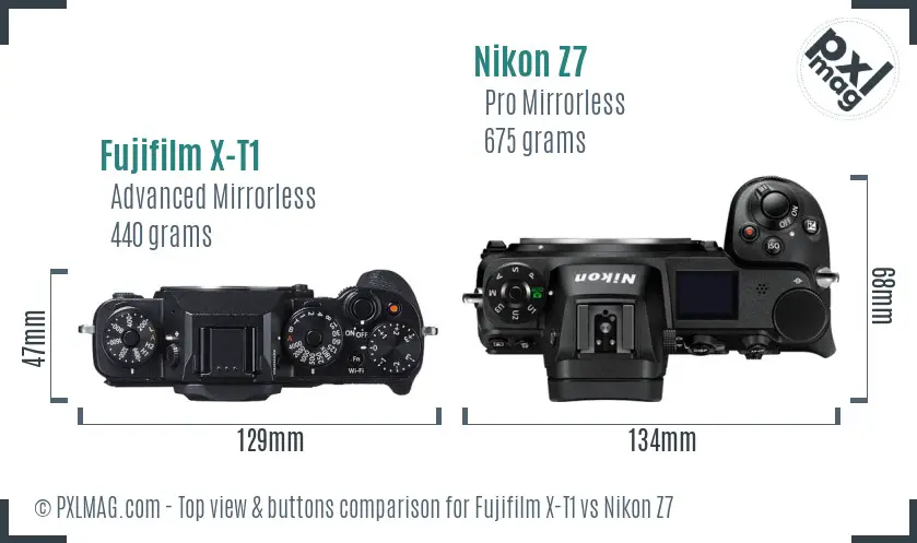 Fujifilm X-T1 vs Nikon Z7 top view buttons comparison