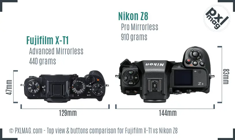 Fujifilm X-T1 vs Nikon Z8 top view buttons comparison