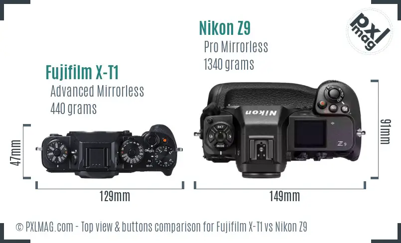 Fujifilm X-T1 vs Nikon Z9 top view buttons comparison