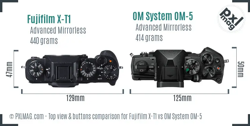 Fujifilm X-T1 vs OM System OM-5 top view buttons comparison