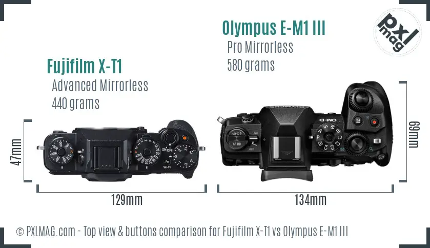 Fujifilm X-T1 vs Olympus E-M1 III top view buttons comparison