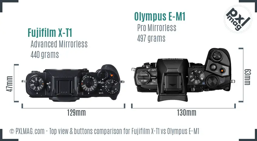 Fujifilm X-T1 vs Olympus E-M1 top view buttons comparison