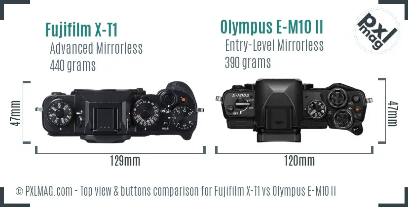 Fujifilm X-T1 vs Olympus E-M10 II top view buttons comparison