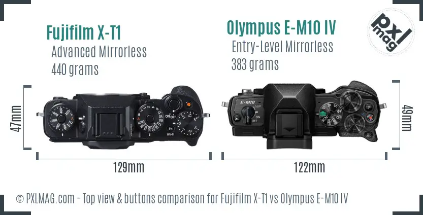 Fujifilm X-T1 vs Olympus E-M10 IV top view buttons comparison