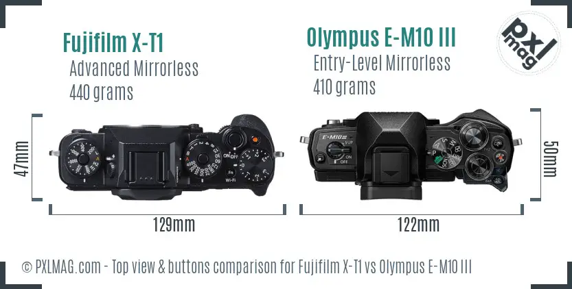 Fujifilm X-T1 vs Olympus E-M10 III top view buttons comparison