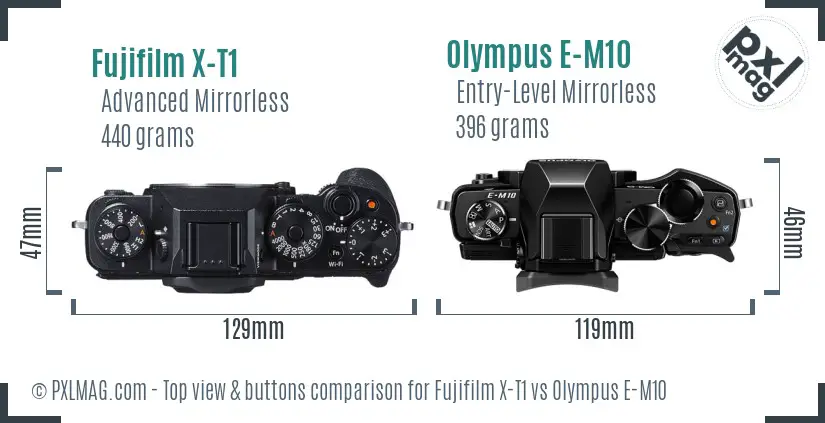 Fujifilm X-T1 vs Olympus E-M10 top view buttons comparison