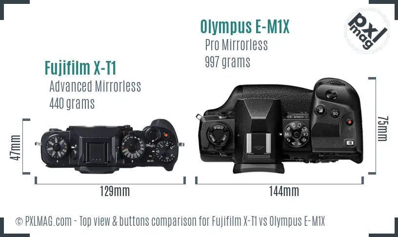 Fujifilm X-T1 vs Olympus E-M1X top view buttons comparison