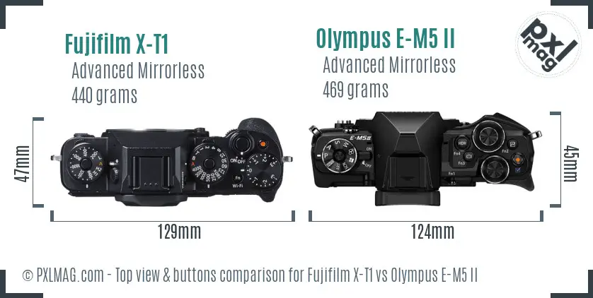Fujifilm X-T1 vs Olympus E-M5 II top view buttons comparison