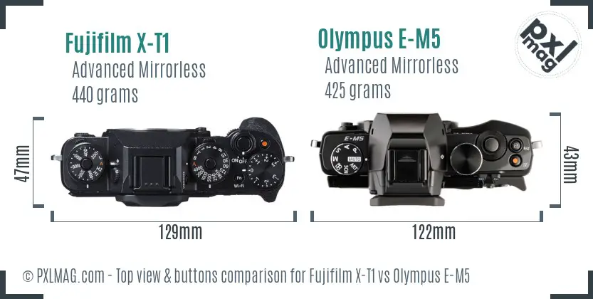 Fujifilm X-T1 vs Olympus E-M5 top view buttons comparison