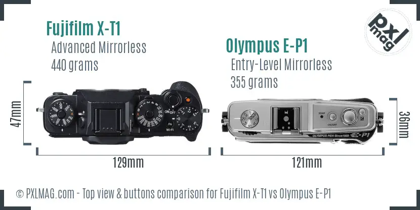 Fujifilm X-T1 vs Olympus E-P1 top view buttons comparison