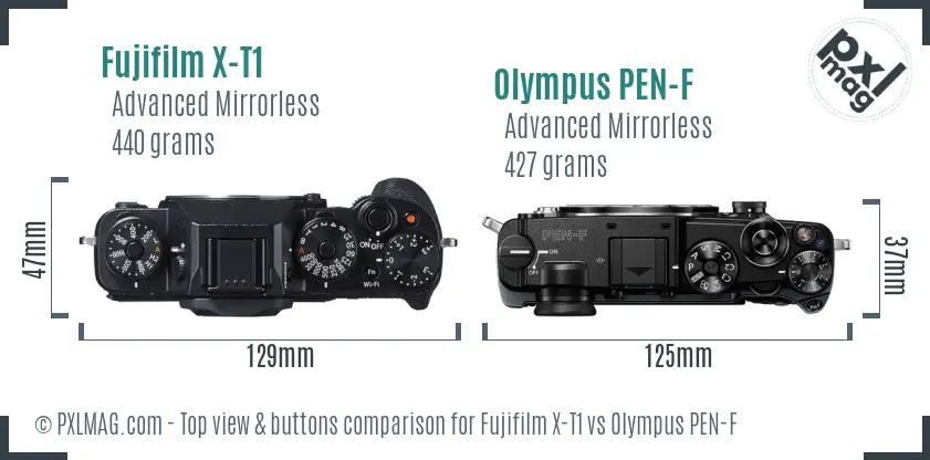 Fujifilm X-T1 vs Olympus PEN-F top view buttons comparison Fujifilm X-T1 vs Olympus PEN-F top view buttons comparison