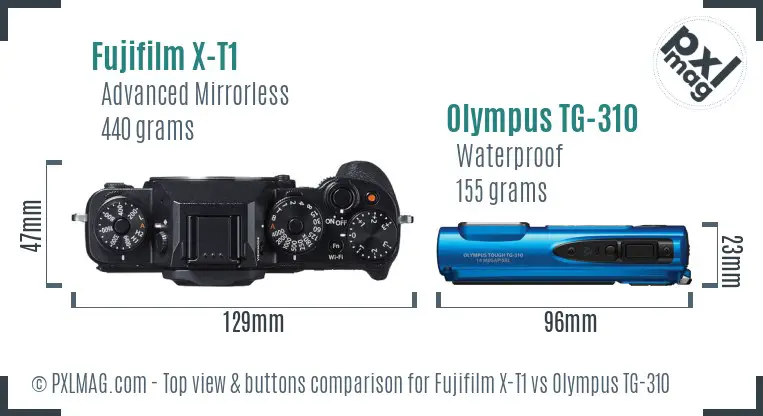 Fujifilm X-T1 vs Olympus TG-310 top view buttons comparison