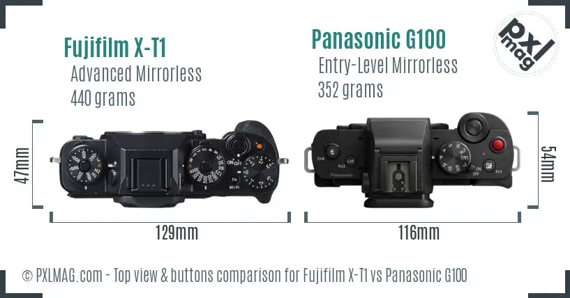 Fujifilm X-T1 vs Panasonic G100 top view buttons comparison