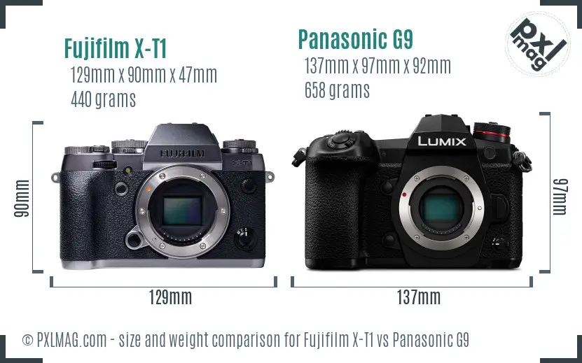 Fujifilm X-T1 vs Panasonic G9 size comparison