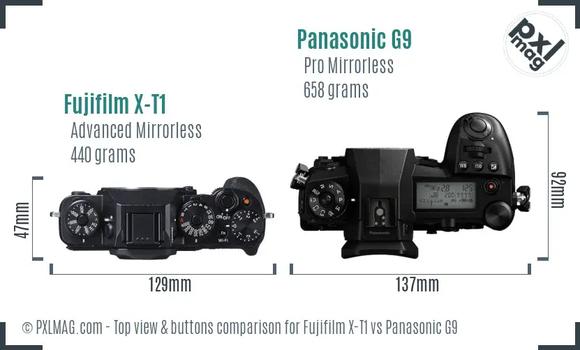 Fujifilm X-T1 vs Panasonic G9 top view buttons comparison