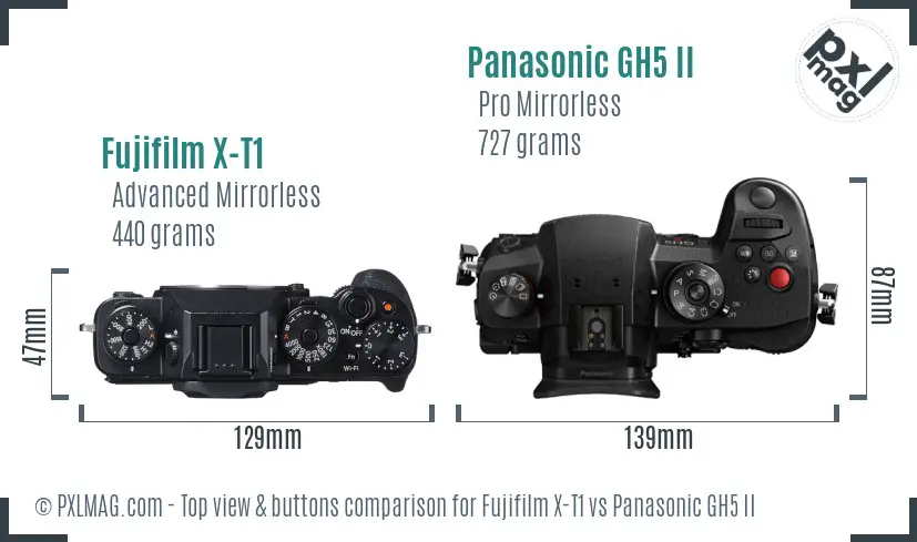 Fujifilm X-T1 vs Panasonic GH5 II top view buttons comparison