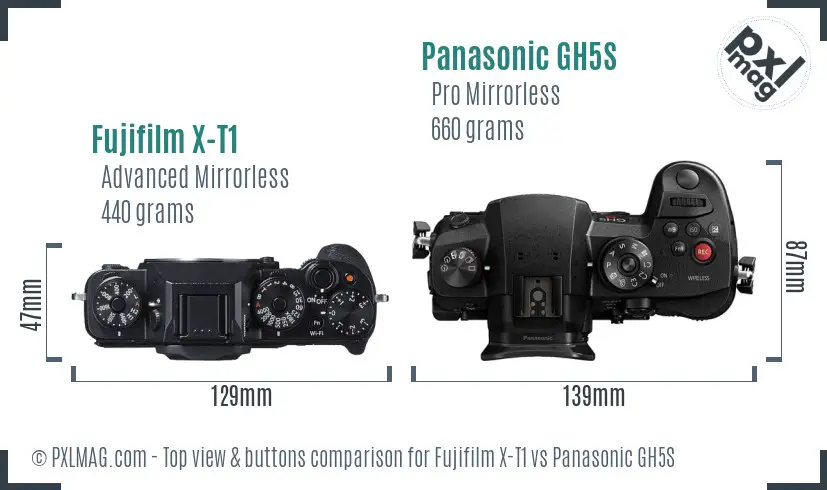 Fujifilm X-T1 vs Panasonic GH5S top view buttons comparison Fujifilm X-T1 vs Panasonic GH5S top view buttons comparison