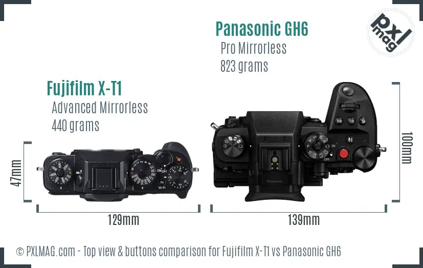 Fujifilm X-T1 vs Panasonic GH6 top view buttons comparison