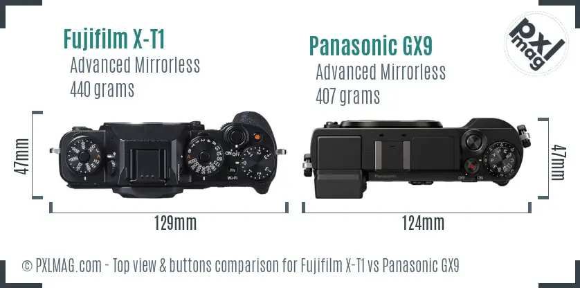 Fujifilm X-T1 vs Panasonic GX9 top view buttons comparison