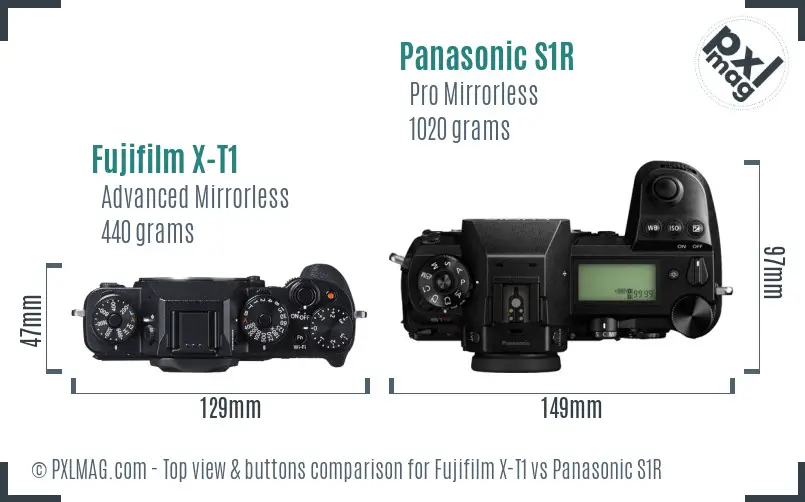 Fujifilm X-T1 vs Panasonic S1R top view buttons comparison Fujifilm X-T1 vs Panasonic S1R top view buttons comparison