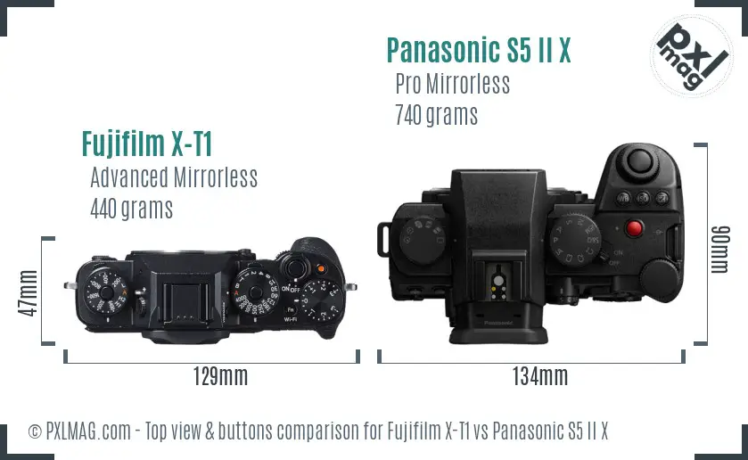 Fujifilm X-T1 vs Panasonic S5 II X top view buttons comparison