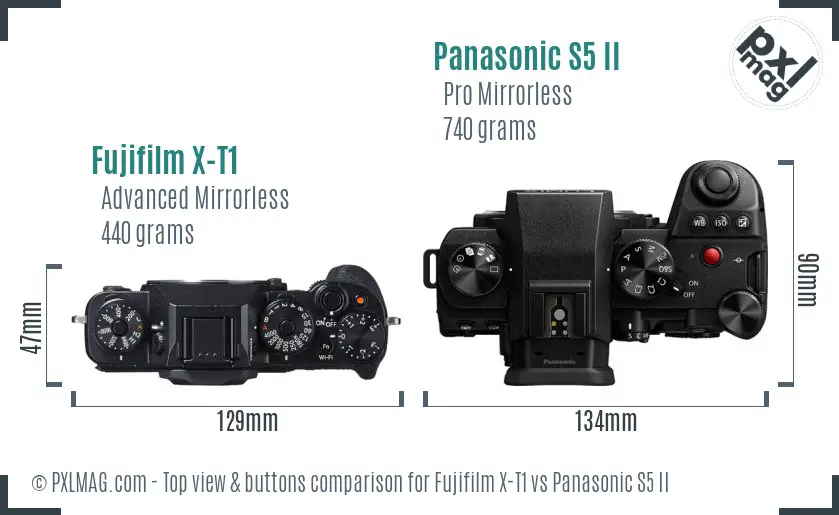 Fujifilm X-T1 vs Panasonic S5 II top view buttons comparison Fujifilm X-T1 vs Panasonic S5 II top view buttons comparison